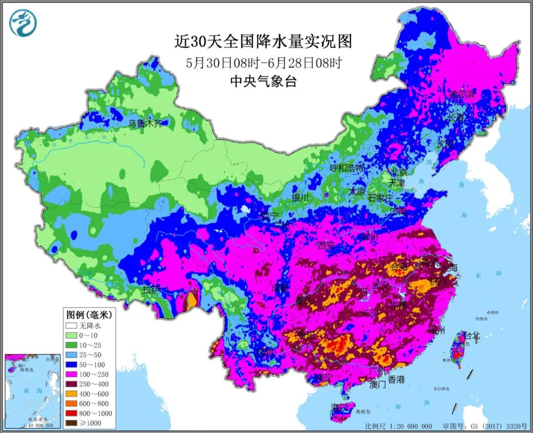 ▲圖為近30天全國(guó)降水實(shí)況圖。來源：中央氣象臺(tái)